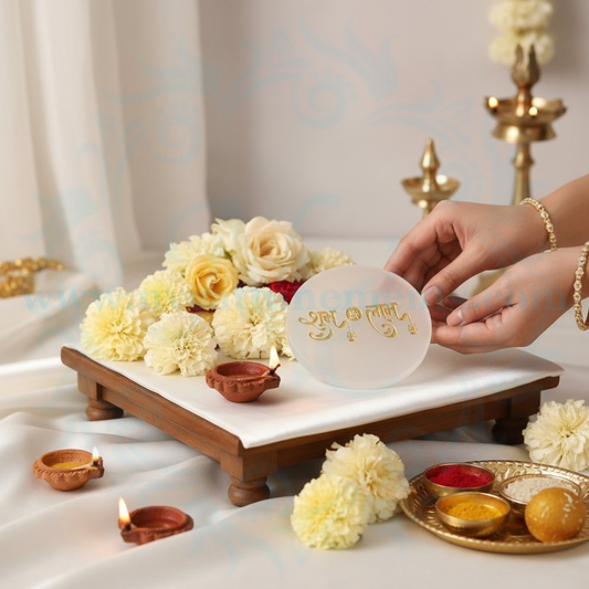 Selenite Plate with Shubh Labh with Swastik in Golden Color Engraving