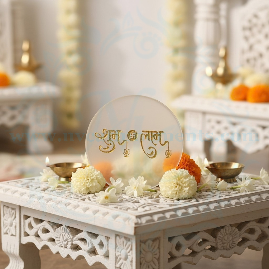 Selenite Plate with Shubh Labh with Swastik in Golden Color Engraving