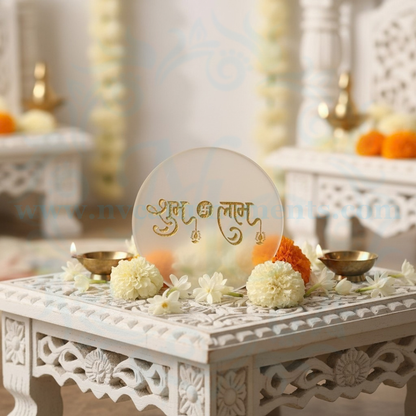 Selenite Plate with Shubh Labh with Swastik in Golden Color Engraving