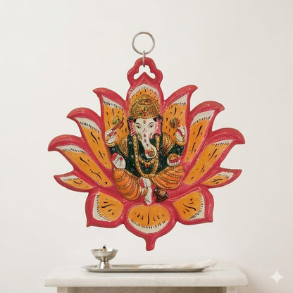 Beautiful Metal Base Hand Painted Lotus Ganeshji (Pink & Yellow)