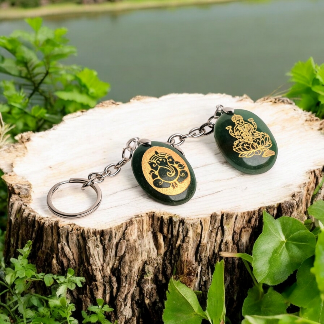 Pair Of  Ganeshji & Laxmiji Keyring / Keychain (Green Jade Stone)