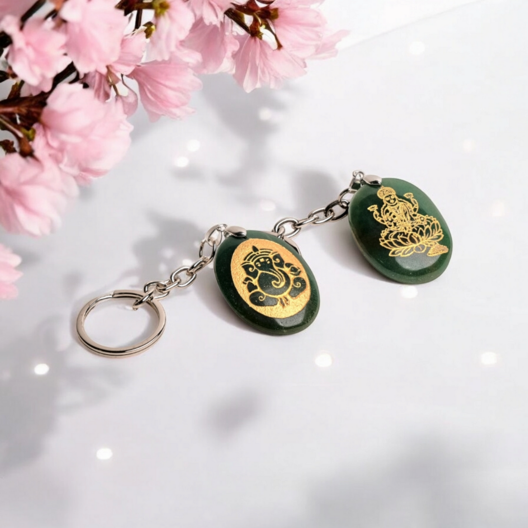 Pair Of  Ganeshji & Laxmiji Keyring / Keychain (Green Jade Stone)