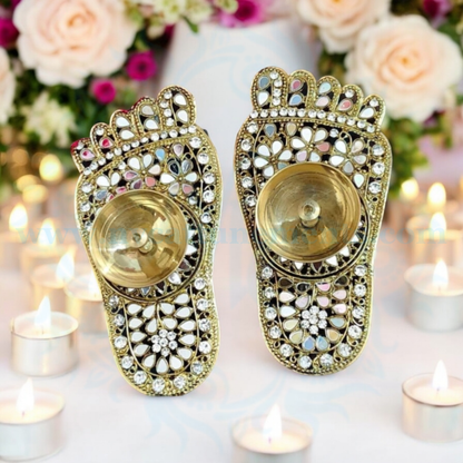 Metal Kundan Minakari Charan Paduka Jyot Pair