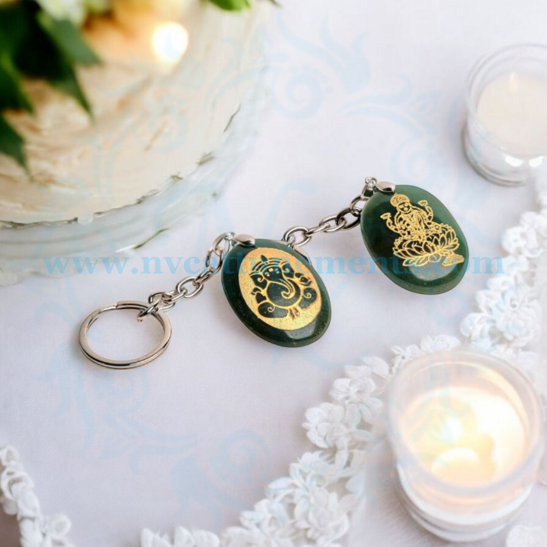 Pair of Ganeshji & Laxmiji Engraved on Jade Stone Keychain