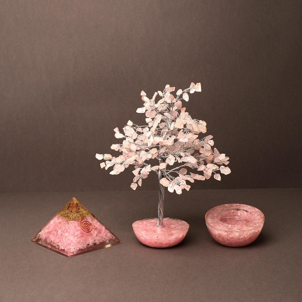 Rose Quartz Combo (Pyramid-tree-candle Holder)