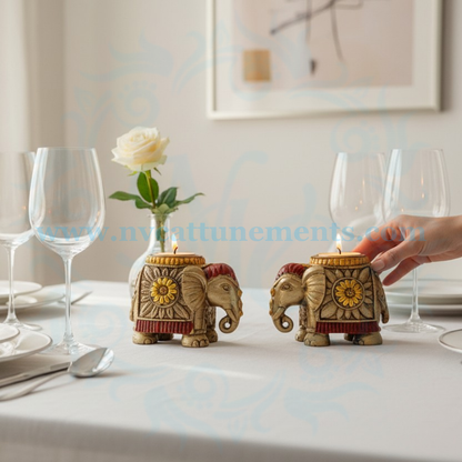 PAIR OF RESIN ELEPHANT TLIGHT CANDLE HOLDER (RED & GOLDEN)