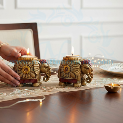 PAIR OF RESIN ELEPHANT TLIGHT CANDLE HOLDER (RED & GOLDEN)