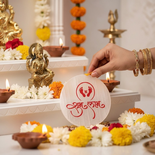 Selenite Plate with Shubh Labh with Charan Paduka in Red Color Engraving