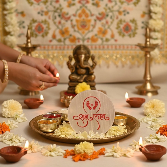 Selenite Plate with Shubh Labh with Charan Paduka in Red Color Engraving