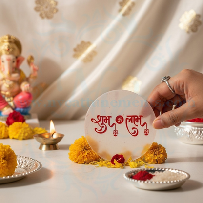 Selenite Plate with Shubh Labh with Swastik in Red Color Engraving