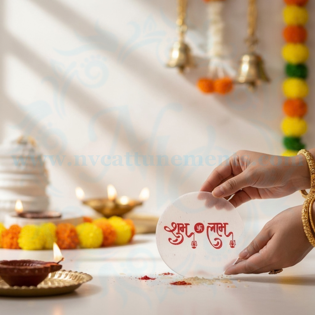 Selenite Plate with Shubh Labh with Swastik in Red Color Engraving