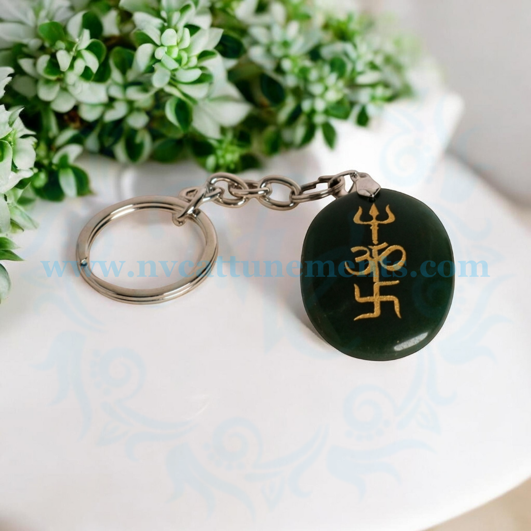 Trishakti Symbol Engraved on Jade Stone Keychain