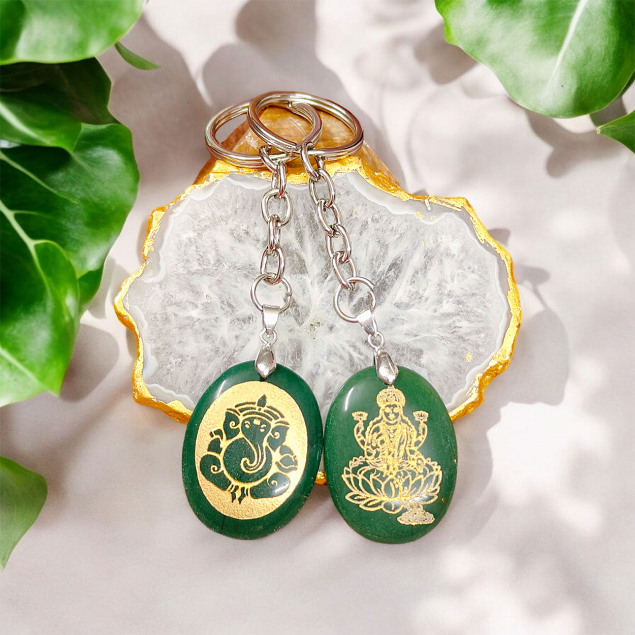 Pair Of  Ganeshji & Laxmiji Keyring / Keychain (Green Jade Stone)