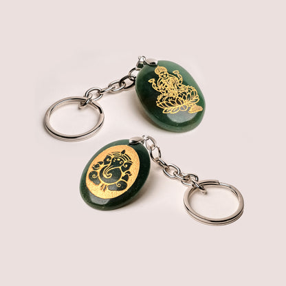 Pair Of  Ganeshji & Laxmiji Keyring / Keychain (Green Jade Stone)