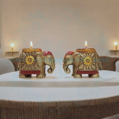 PAIR OF RESIN ELEPHANT TLIGHT CANDLE HOLDER (RED & GOLDEN)